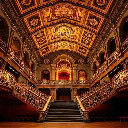 Photo de l'intérieur de l'Opéra Garnier avec son grand escalier et son plafond richement décoré