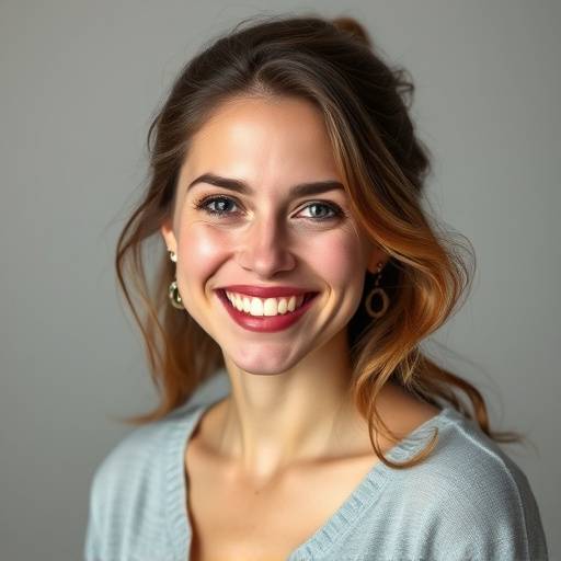 Portrait d'Isabelle Dupont souriant devant une de ses toiles